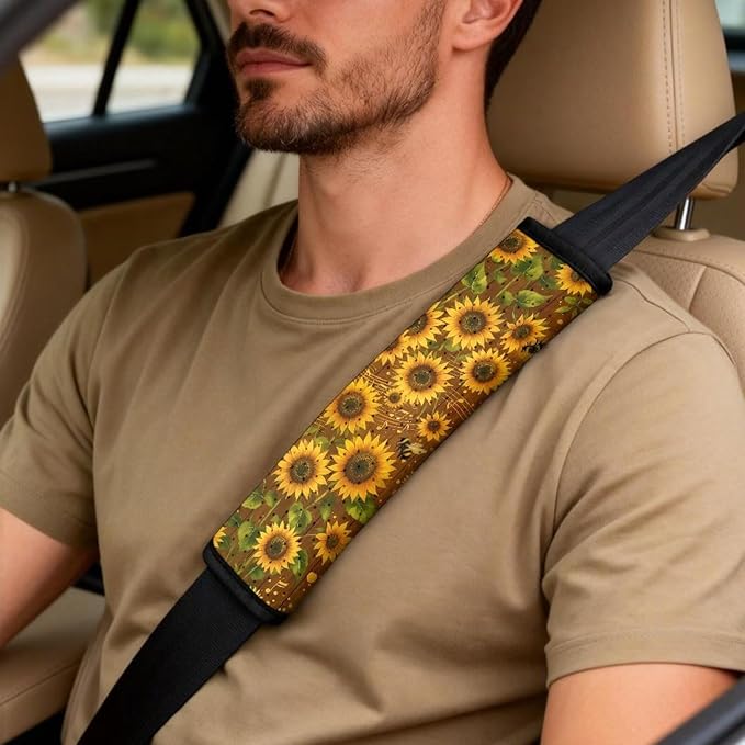 Qeluxign PU Leather Car Seat Covers Set - Includes 2 Seat Protectors, 2 Shoulder Pad Covers, 1 Armrest Cover for Car Decoration,Sunflower Music Notes Bee
