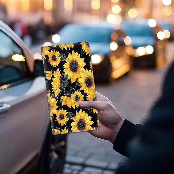 Car Registration and Insurance Card Holder for Women Men, Waterproof PU Leather Glove Box Car Organizer with Magnetic Shut, Vehicle Document Holder for Driver License,Cards, Sunflower Pattern