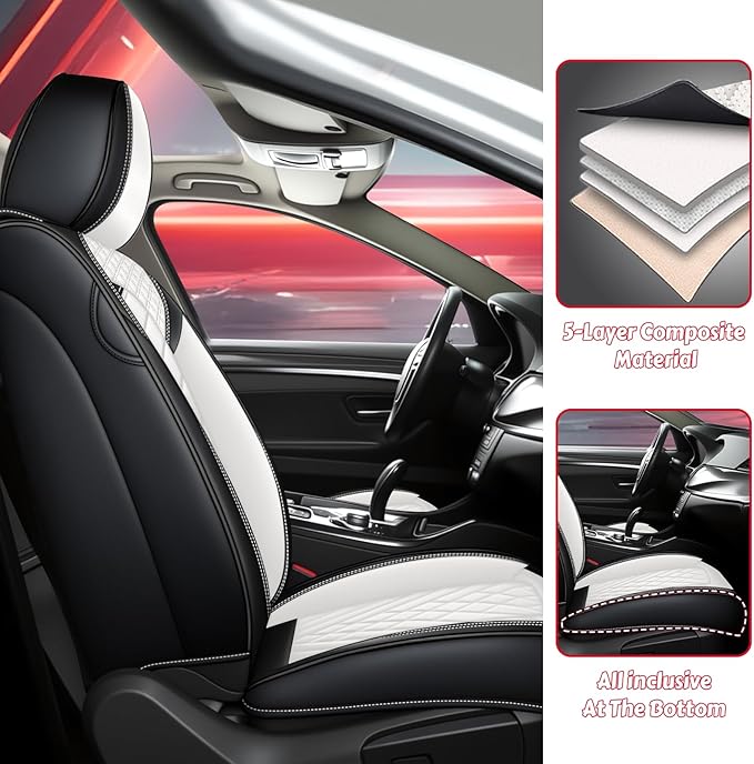 LPDK Fit for Kia Sportage Car Seat Covers Front Set 2pcs with Waterproof Leather,Lumbar Muscle Pain Healing Function,Airbag Compatible Automotive Breathable Seat Protectors(Black White)