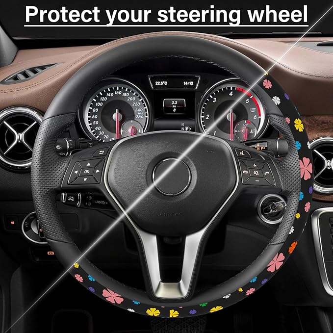 Steering Wheel Cover Neoprene Material Most Cars Men&Women Universal 15 inch Premium Non-Slip Spring Steering Wheel Protector Floral Car Accessories (Lucky Clever)