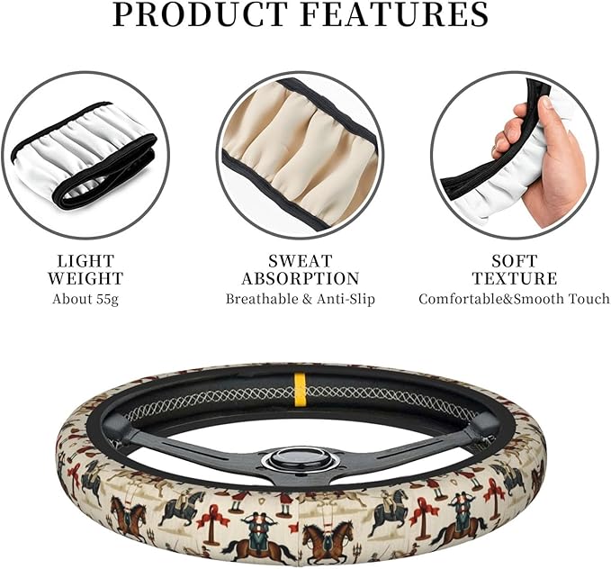 Neoprene Steering Wheel Cover Equestrian Horse Plaid Car Steering Wheel Cover Universal Fit for Most Cars