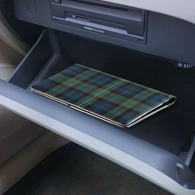 GuoChe Plaid Tartan Car Registration and Insurance Holder Glove Box Organizer Car Document Holder Auto Glove Compartment Essential Blue Green