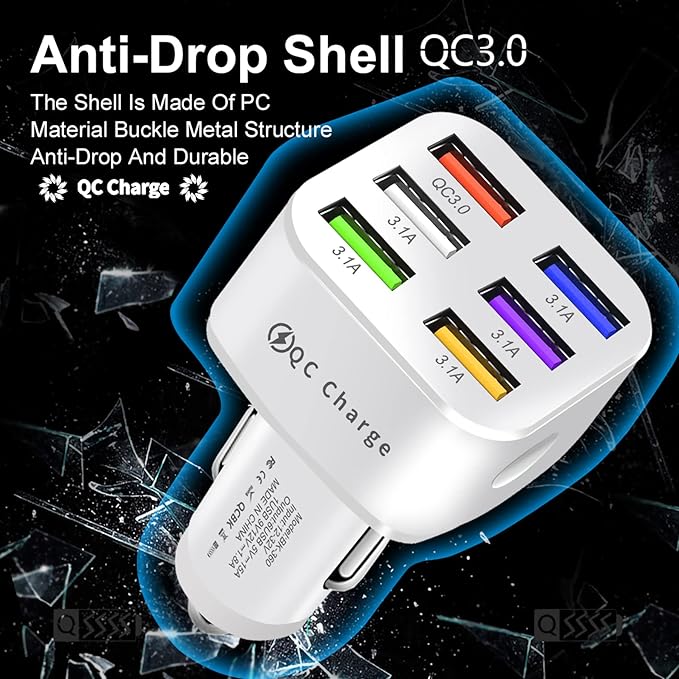 Amiss Car Charger Adapter, 6 USB Multi Port, Fast Charger, Include QC 3.0 and 5 Other Ports, Car Interior Accessories, Fit for iPhone 13/12/11/pro，Samsung Galaxy/Note S10/S9/S8 - Bright White