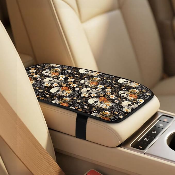 Qeluxign 5-Piece Car Accessories Set Skull Daisy Spider Web Universal Fit PU Leather Seat Covers Seatbelt Pads and Armrest Cover for Cars, Trucks, SUVs