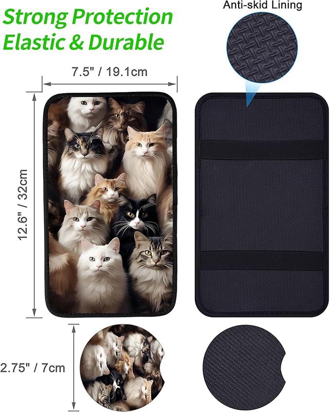 JANENFNA Car Armrest Cover Pads Universal Fashion Cute Auto Center Console Armrest Cover Pad with 2PCS Car Coasters Soft Waterproof Car Armrest Seat Protector for Women,Bunch of Cats