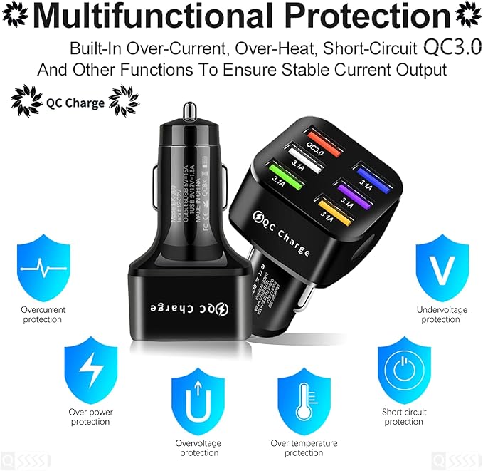 Amiss Car Charger Adapter, 6 USB Multi Port, Fast Charger, Include QC 3.0 and 5 Other Ports, Car Interior Accessories, Fit for iPhone 13/12/11/pro，Samsung Galaxy/Note S10/S9/S8 - Bright Black