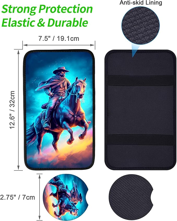 JANENFNA Car Armrest Cover Pads Universal Fashion Cute Auto Center Console Armrest Cover Pad with 2PCS Car Coasters Soft Waterproof Car Armrest Seat Protector for Women,Cowboy Horse