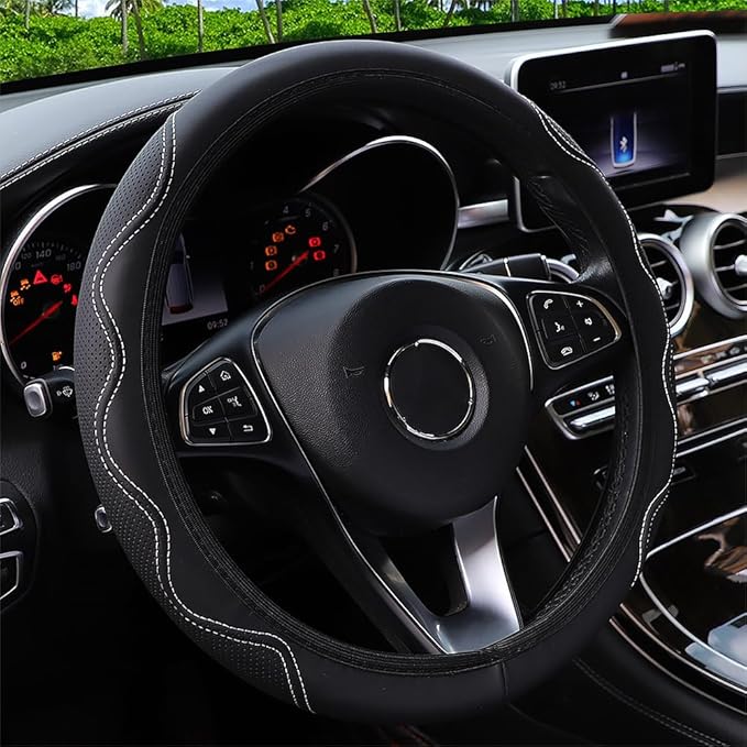 Elastic Stretch Steering Wheel Cover Universal 15 inch Steering Wheel Covers Soft Microfiber Leather Breathable Anti-Slip Durable Car Accessories Fit for Suvs, Vans, Trucks - White