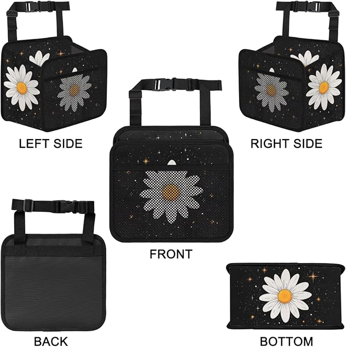Vintage White Daisy Car Backseat Organizer PU Leather Black Truck Back Seat Trash Bag Universal Hanging Storage Box Travel Accessories Foldable