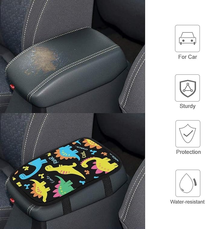 Car Center Console Cover, Colorful Dinosaur Black Anti-Slip Arm Rest Covers Protector Waterproof Auto Interior Accessories Universal Fit for Most Vehicle