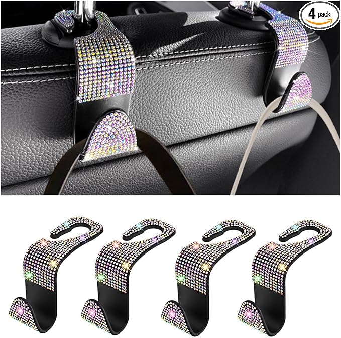 Bling Car Seat Headrest Hooks, 4PCS Crystal Rhinestone Vehicle Back Seat Hanger Holder for Handbags Purses Coats, Automotive Headrest Storage Organizer, Universal for RV SUV Truck (Multicolor)
