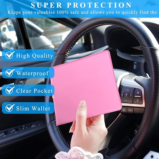 Kewucn 4 PCS Car Registration Insurance Holder, Essential Auto Card Glove Box Organizer, Vehicle Interior Accessories Perfect for Most Car, Truck, SUV (10.55''×4.8'', Pink)