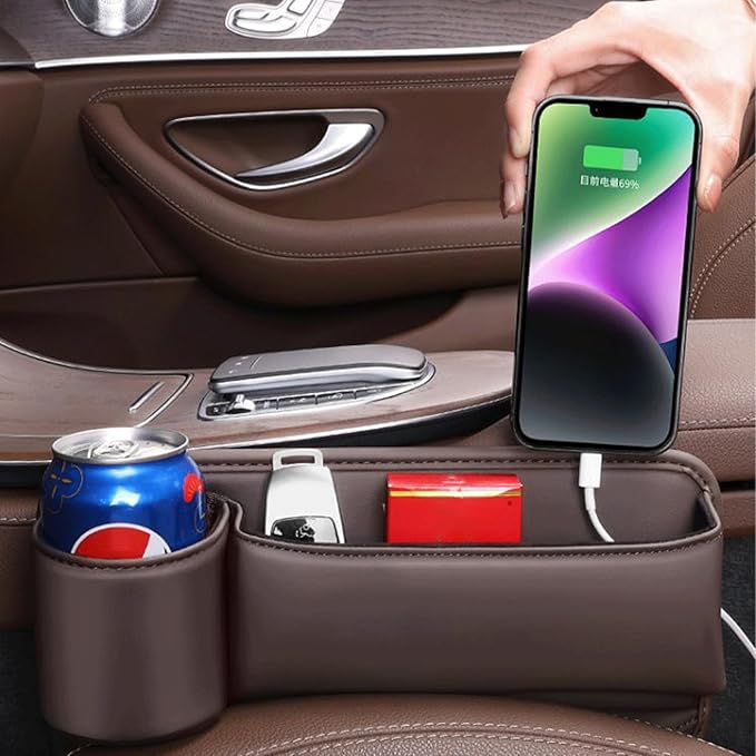 Peticehi Car Leather Cup Holder Gap Bag, No Logo Leather Car Seat Storage Box with Water Cup Holder, Car Seat Gap Filler Organizer (for 1 Pair,Black)