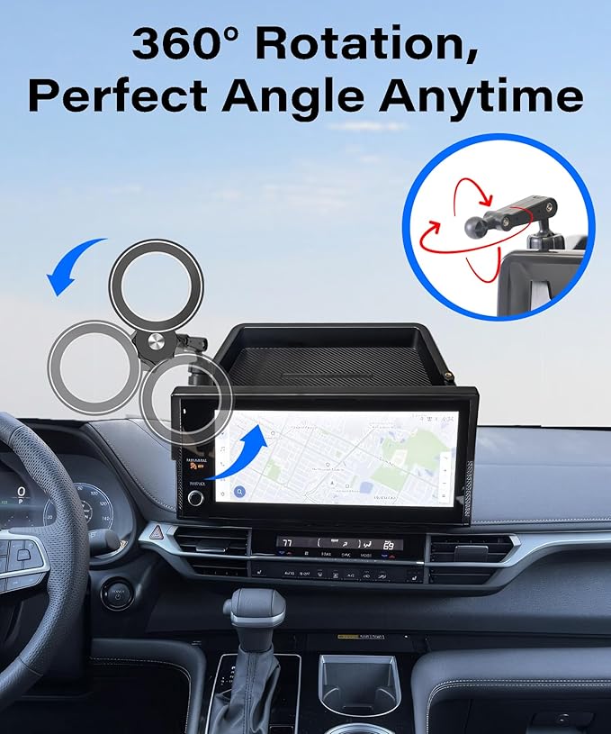 Car Phone Holder for 2025 Toyota Sienna Accessories Apply to 12.3 Inch Screen Fixed Clip Magnetic Cell Phone Mount Hands-Free 360 Degree Rotation with Dashboard Storage Tray