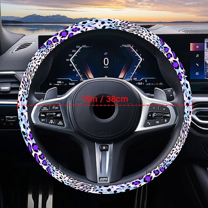 Car Steering Wheel Cover for Women Men, Non-Slip Breathable Cute Steering Wheel, Purple Leopard Steering Wheel Protector, Car Accessories, Universal 14" 02/2-15" Fit Auto, Suvs