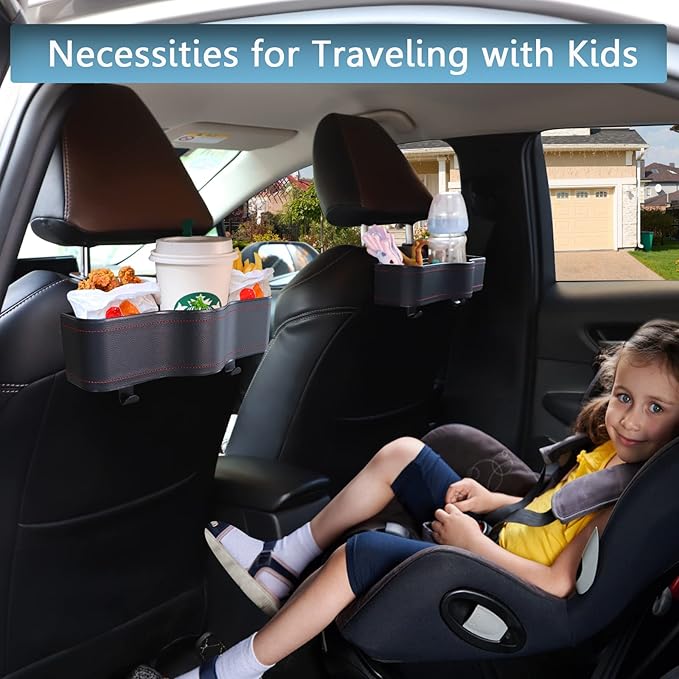 Backseat Car Organizer, Multifunctional Back Seat Car Organizer with Cup Holder and 2 Seat Back Hooks for Snacks, Canned Drinks and Cell Phones