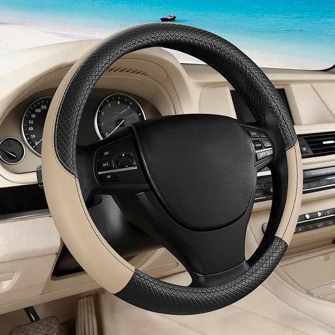 Black & Beige Car Steering Wheel Cover, Microfiber, Leather Patchwork, Universal 14.5-15 Inch Leather Anti-Slip Breathable Auto Steering Wheel Covers for Men Women