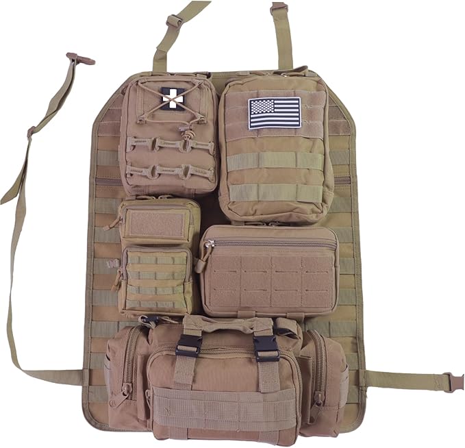 Universal Tactical Car Seat Back Organizer Bag Tactical Molle Vehicle Organizers Panel Vehicle Protector Organizers with 5 Detachable Pouches for Car Truck Ford Jeep (Model B-Khaki)