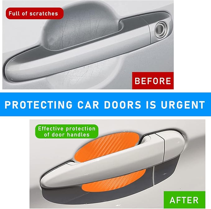 Ziciner 8 PCS Car Door Handle Sticker, Carbon Fiber Texture Auto Door Handle Protective Films, Anti-Scratches Door Side Handle Paint Guard, Universal Vehicle Accessories for Most Car (Orange)
