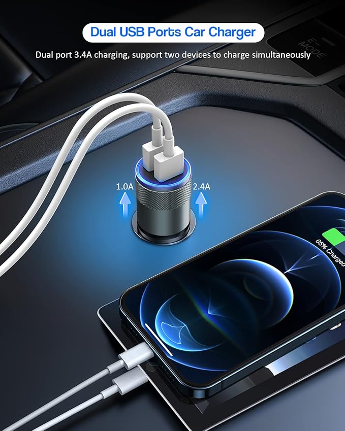 Apple MFi Certified iPhone Car Charger, 3.4A Fast Charge Dual Port USB Cargador Carro Lighter Adapter, Metal Cigarette Lighter [2Pack] Lightning Cable for iPhone/iPad/Airpods