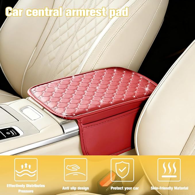 Car Center Console Cover, Leather Vehicle Armrest Storage Box Protector with 2 Storage Bags, Automotive Interior Middle Console Cushion Pad, Universal for SUV Sedan Truck (Wine Red)