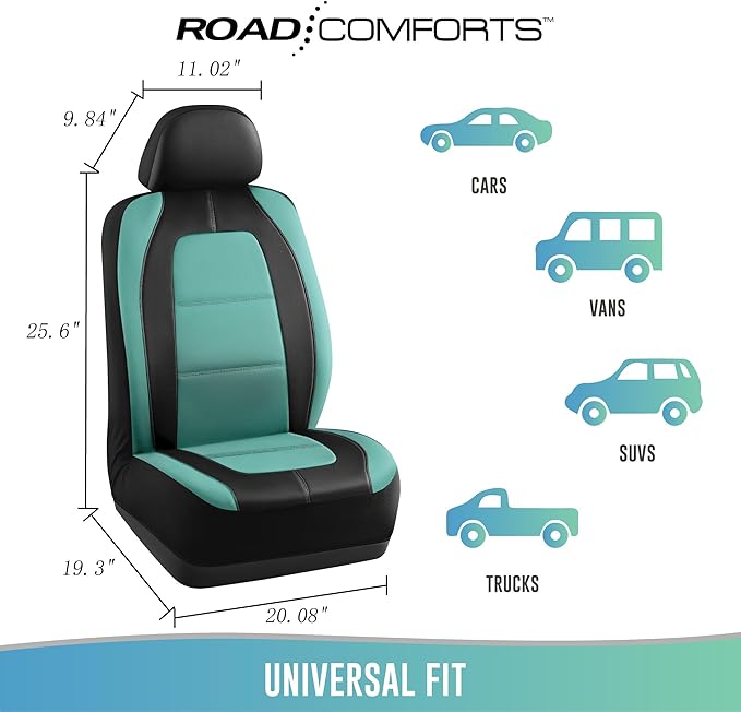 Road Comforts Car Seat Cover, Leather Car Seat Covers, Front Low Back Sport Seat Covers, Airbag Compatible, Universal Fits for Most Cars (Mint)