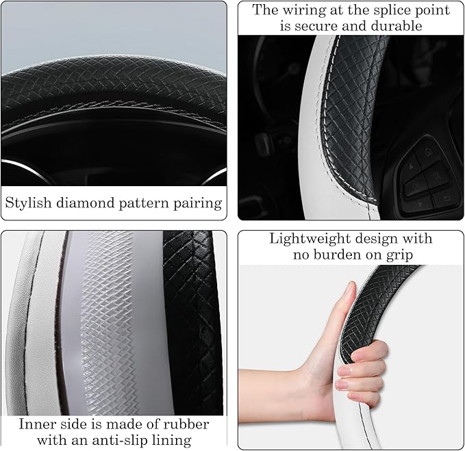 Black & White Car Steering Wheel Cover, Microfiber, Leather Patchwork, Universal 14.5-15 Inch Leather Anti-Slip Breathable Auto Steering Wheel Covers for Men Women