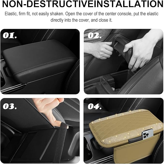 NBTEPEM Bling Beige Car Center Console Cover, Leather Car Arm Rest Cover with 2 Storage Bags, Universal Auto Armrest Protector Storage Box, Bling Accessories Interior for Most Vehicles