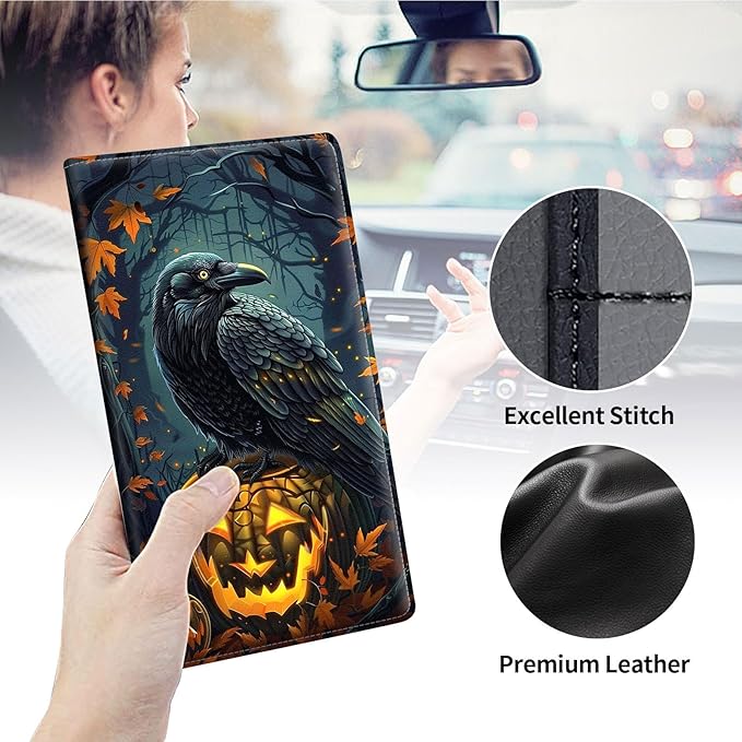 Qindaiwen Car Registration and Insurance Holder, Vehicle Card Document Elastic Band Closure Glove Box Organizer, Driver License Cards, Car Accessories for Essential Info, Black Raven 02