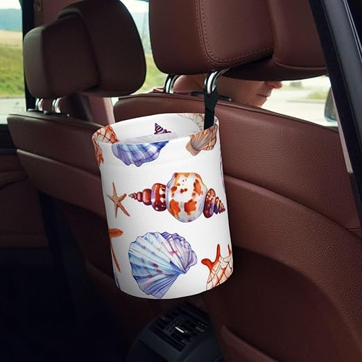 Beach Seashells Car Trash Can Garbage Cans Foldable,Cute Hanging Car Organizer and Storage Bag Leak Proof, Auto Back Seat Trash Bin Universal for Truck, SUV, Outdoor Travel
