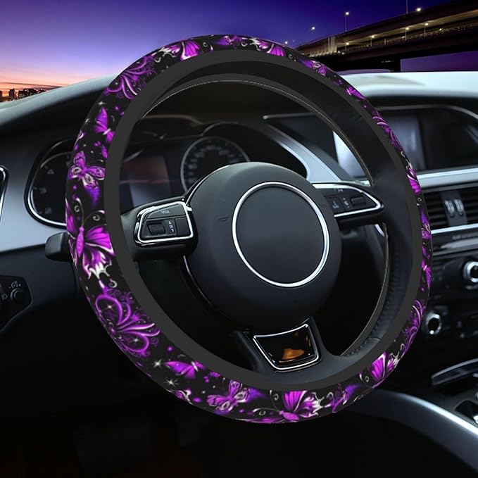 Purple Butterfly and Flower Universal Steering Wheel Cover for Men Women, Soft Anti Slip Stretch Neoprene Steering Wheel Covers Car Protector Accessories 15 Inch-Black