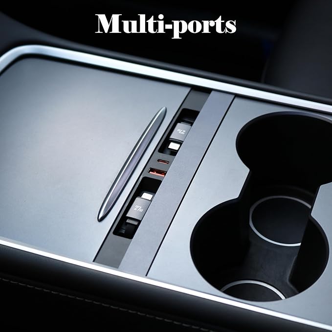 Ospiswin Car USB Hubs Chargers adapted for Model 3 Model Y Center Console with 4 Ports Fast Charging Retractable Cables Phone Charger Docking Station Accessories