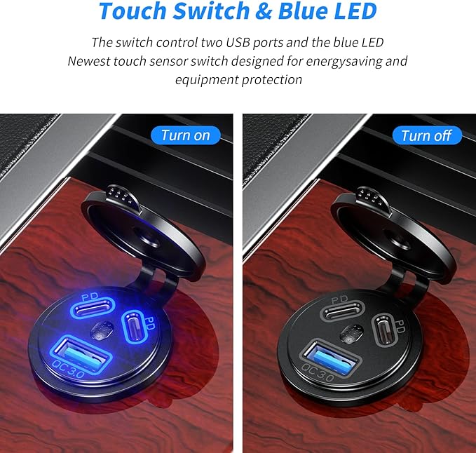 Kewig 2 Pack 12V USB Outlet Wired Charger Multi Port, Dual PD3.0 & QC 3.0 Multiple Port for Car, USB Socket with Power Switch, Fast Charger for Tablet, Suitable for Car Boat RV Marine ATV