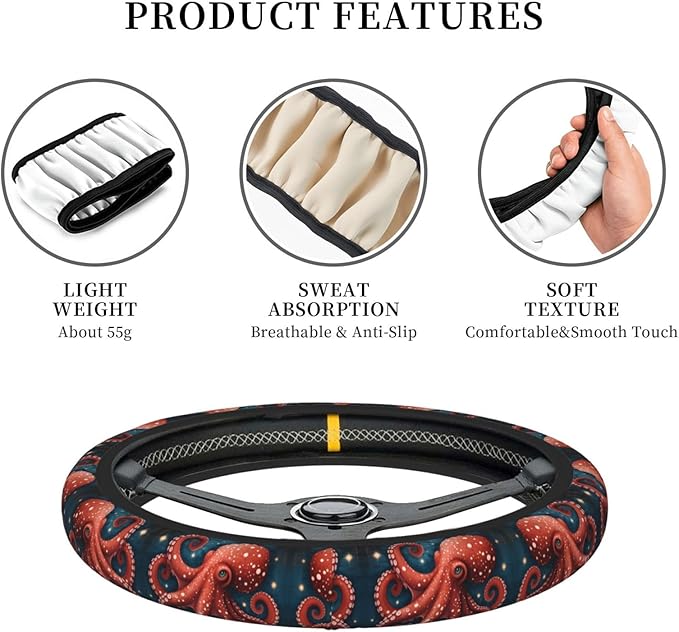 Octopus Halobios Universal Fit Steering Wheel Cover for Car, Truck, and SUV, Durable Steering Wheel Protection