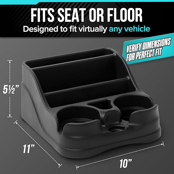 Small Center Console for Cars, Trucks, Minivans, SUVs, Vehicle Organizer, Cup Holders, Recycled Plastic, Made in USA (Black)