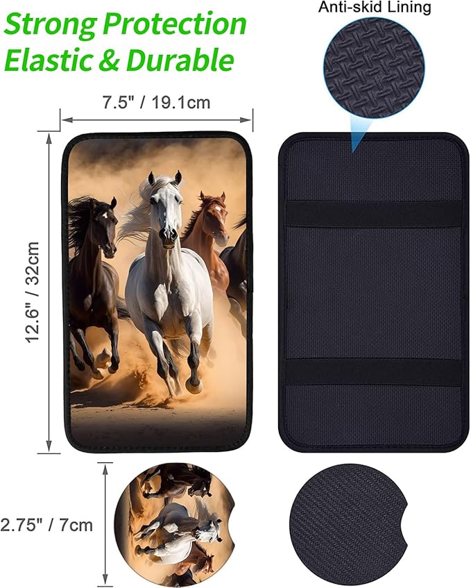 JANENFNA Car Armrest Cover Pads Universal Fashion Cute Auto Center Console Armrest Cover Pad with 2PCS Car Coasters Soft Waterproof Car Armrest Seat Protector for Women,Horses