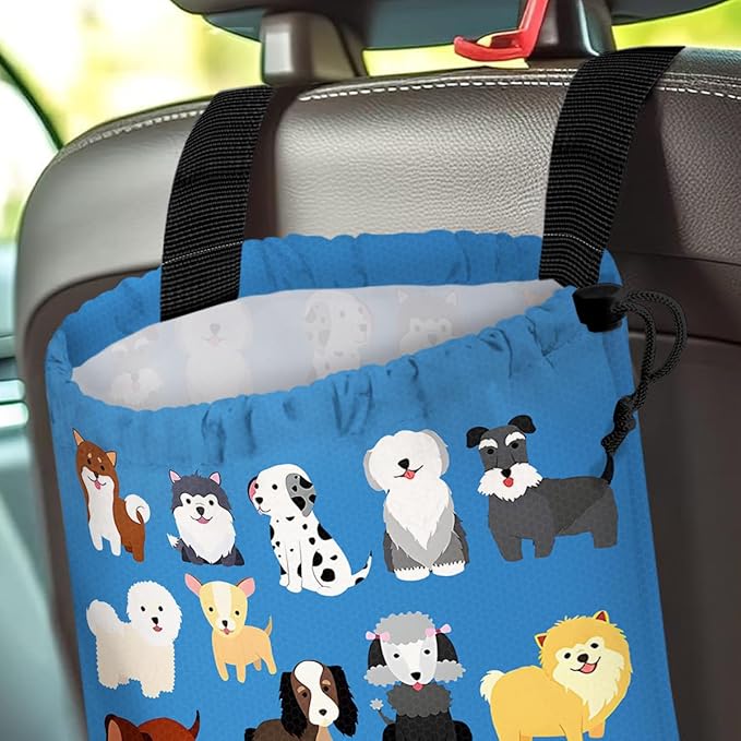 GEGEPINK Car Trash Bag Hanging Back of Seat Waterproof Small Cute Printed One-Handed Strap Drawstring Garbage Bags for Car-Cute Animal Dogs