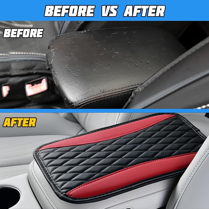 Car Center Console Cover, PU Leather Waterproof Vehicle Armrest Seat Box Protector, Automotive Interior Arm Rest Cushion Protection Accessories, Universal for SUV Sedan Truck (Black/Red)