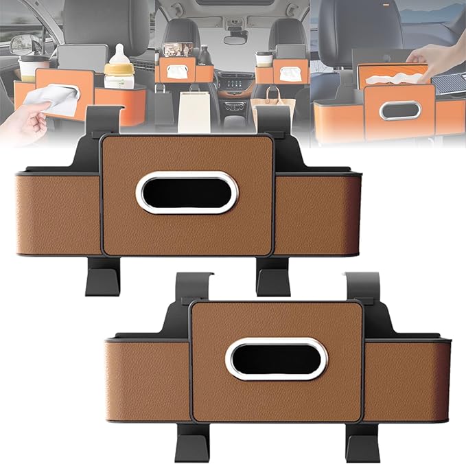 Car Organizers and Storage Box, 4 in 1 Multifunctional Car Organizer Back Seat with 2 Cup Holders & Tissue Box, Backseat Cars Organizer for Hold Phone, Snacks, Drinks, Handbag(Brown,2Pcs)