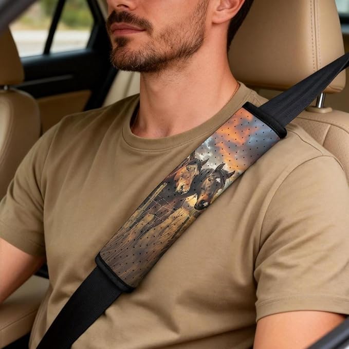 Qeluxign Sunset Horses Air Mesh Car Seat Covers & Accessories 5-Piece Set 2 Seat Covers, 2 Shoulder Belt Pads, 1 Console Pad PU Leather Car Interior Set for Women