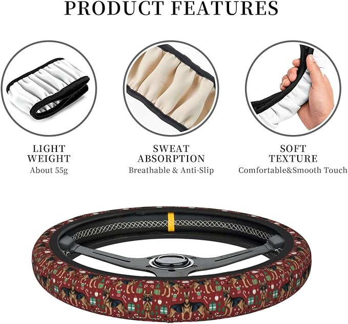 German Shepherd Dogs Christmas Universal Fit Steering Wheel Cover for Car, Truck, and SUV, Durable Steering Wheel Protection