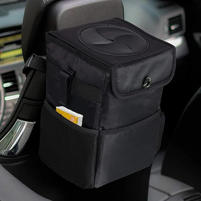 Car Trash Can with Lid - Car Trash Bag Hanging Waterproof with Storage Pockets, Collapsible and Portable Multipurpose Trash Bin for Back/Front Seat/Console, 1.85 Gallons, Black