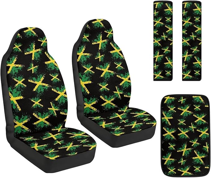 FUSURIRE Jamaica Flag 5 Pcs PU Front Seat Covers, Seat Belt Covers & Center Armrest Pad for Car SUV Truck Car Interior Accessories
