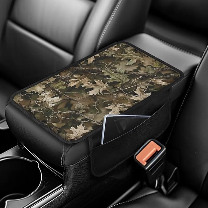 Dreaweet Hunting Deer Camo Car Center Console Cover with Pockets,Car Armrest Cover Center Console Cushion Pad Soft Comfy Arm Rest Cover for Car Truck SUV Van Sedan