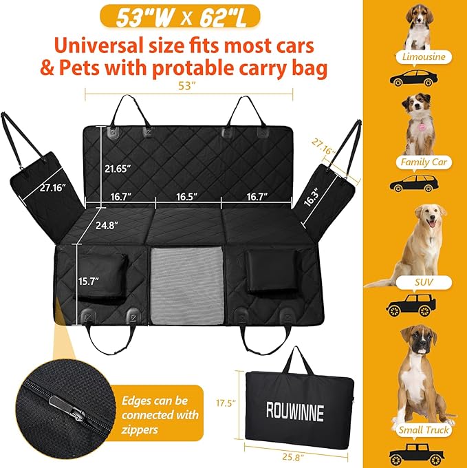 ROUWINNE Back Seat Extender for Dogs-Large Space, Dog Car Seat Cover Hard Bottom Holds 420lbs, Sturdy Backseat Extender for Dogs,Upgraded Material Waterproof Pet Car Bed Dog Hammock for Car, SUV,Truck