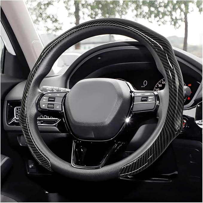 Sun Walker Carbon Fiber Car Steering Wheel Cover, 15" Anti-Slip Wear-Resistant Steering Wheel Protector Stylish Interior Decor, Ultra-Thin Comfortable Leather Wheel Cover for Women Men (Black)