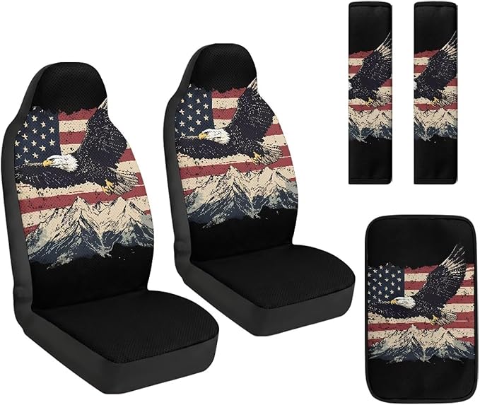 Qeluxign 5 Piece Car Seat Covers Set for Women Men PU Leather Seat Covers Belt Pads and Armrest Cover Universal Fit Car Accessories,American Flag Bald Eagle