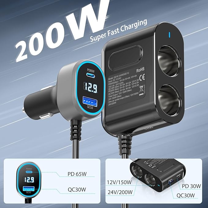 12V Cigarette Lighter Splitter,PD 65W for Laptop: 300W Car Charger 2 Socket Adapter, 12 Volt DC Plug Multi Port 12V Power Outlet with Voltage for MacBook/iPad/iPhone Samsung GPS Dash Cam