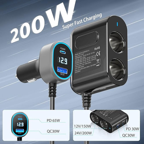 12V Cigarette Lighter Splitter,PD 65W for Laptop: 300W Car Charger 2 Socket Adapter, 12 Volt DC Plug Multi Port 12V Power Outlet with Voltage for MacBook/iPad/iPhone Samsung GPS Dash Cam