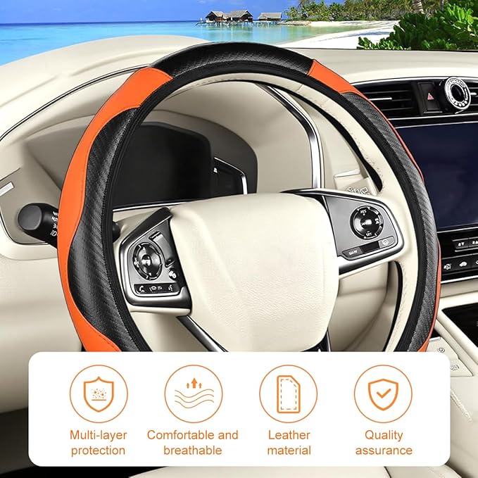 Carbon Fiber Car Steering Wheel Cover, 14.5-15 Inch Elastic Stretch Steering Wheel Guard, Sports Style Non-Slip Automotive Interior Accessories, Universal for Vehicles (Black/Orange)